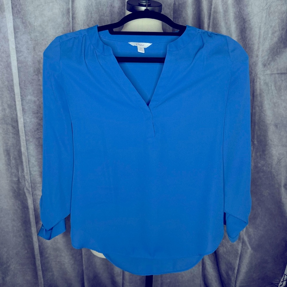 Candies Solid Royal Blue Long Sleeve Blouse V Neck 3/4 Sleeve Top